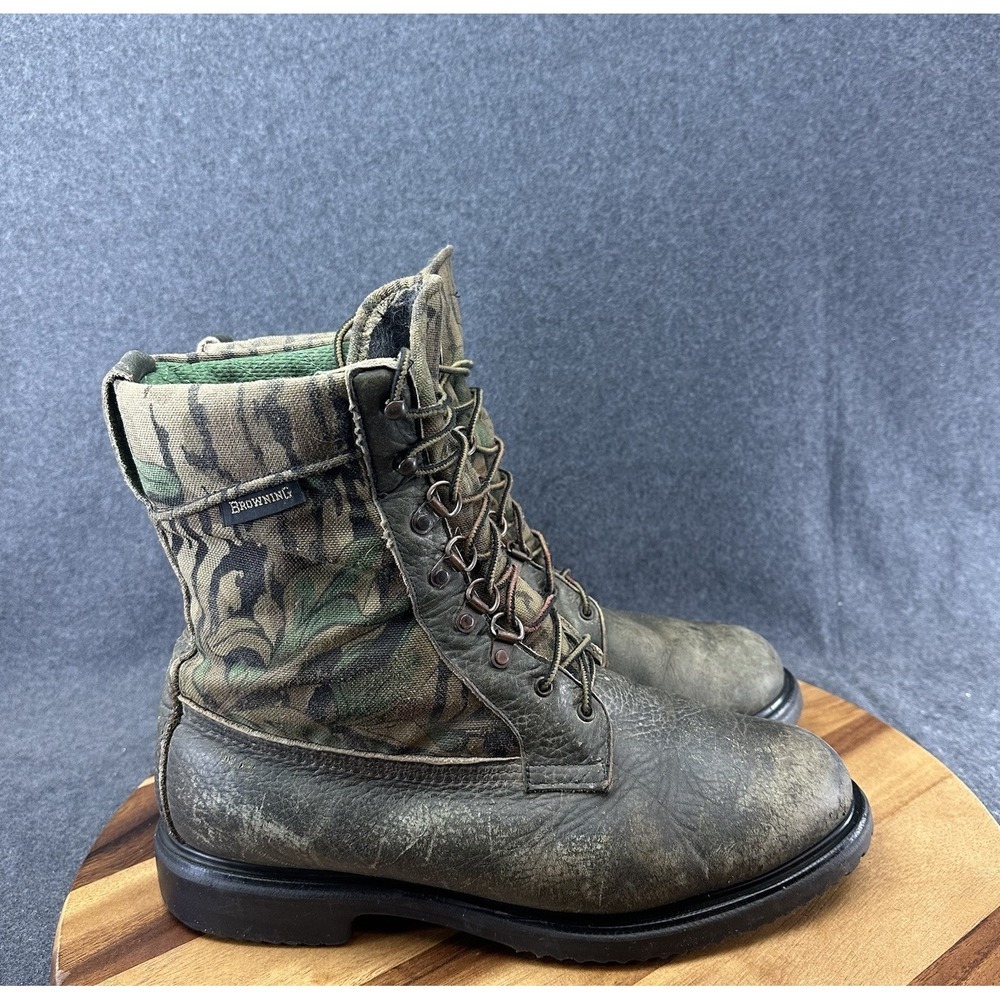 Vintage Browning Leather Green Camo Gore Tex Leather Hunting Work Boots Sz 11EE
